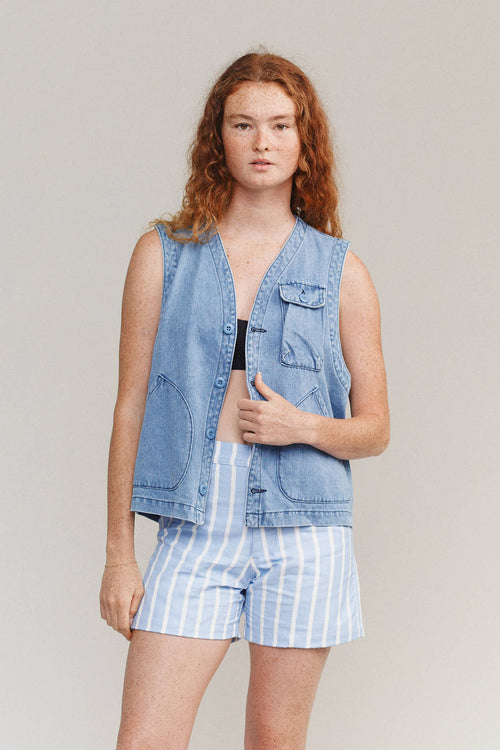 Denim Falcon Vest | Jungmaven Hemp Clothing & Accessories / model_desc: Sydney is 5’8” wearing Medium