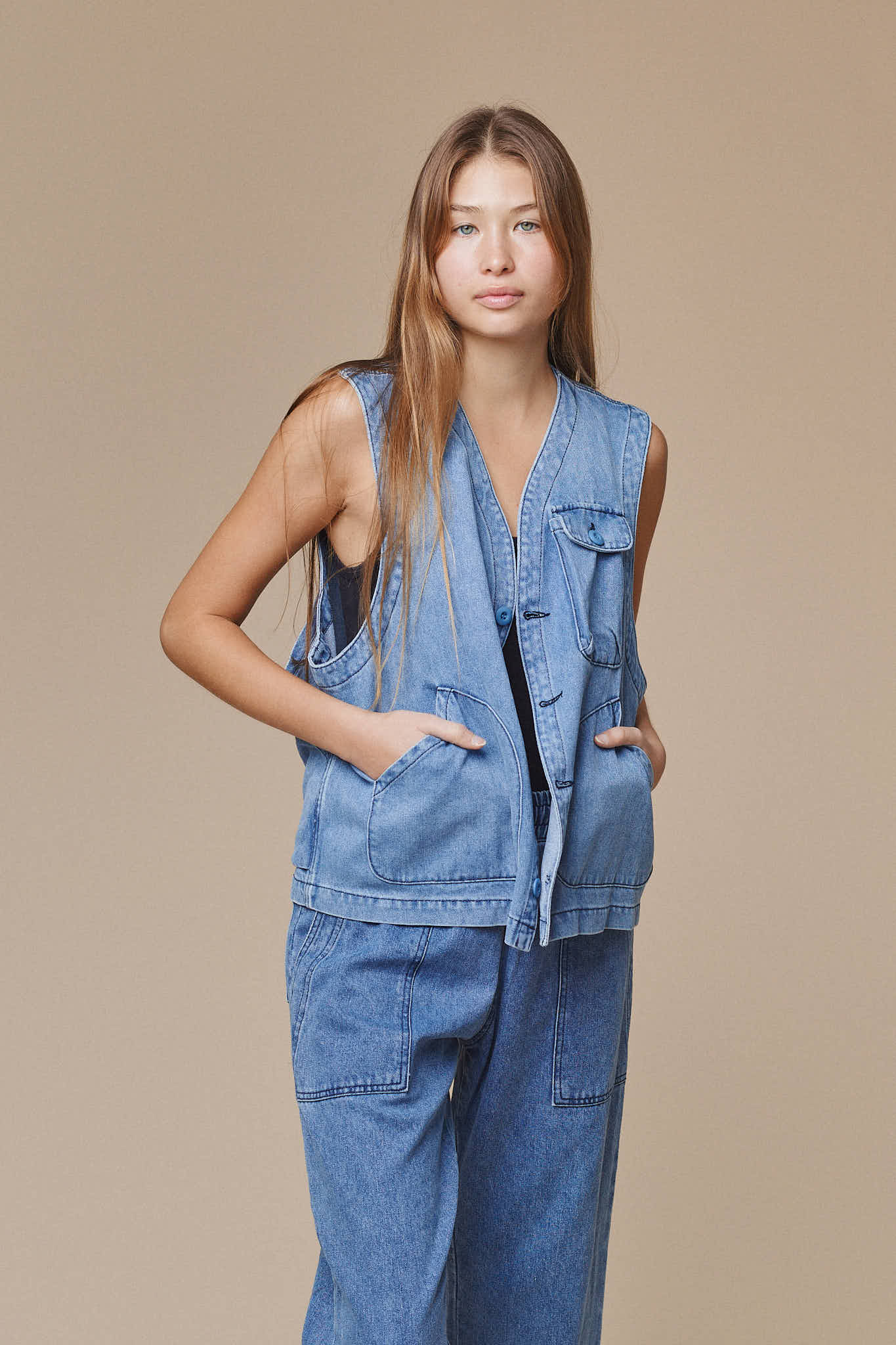 Denim Falcon Vest | Jungmaven Hemp Clothing & Accessories / model_desc: Katrel is 5’9” wearing Medium