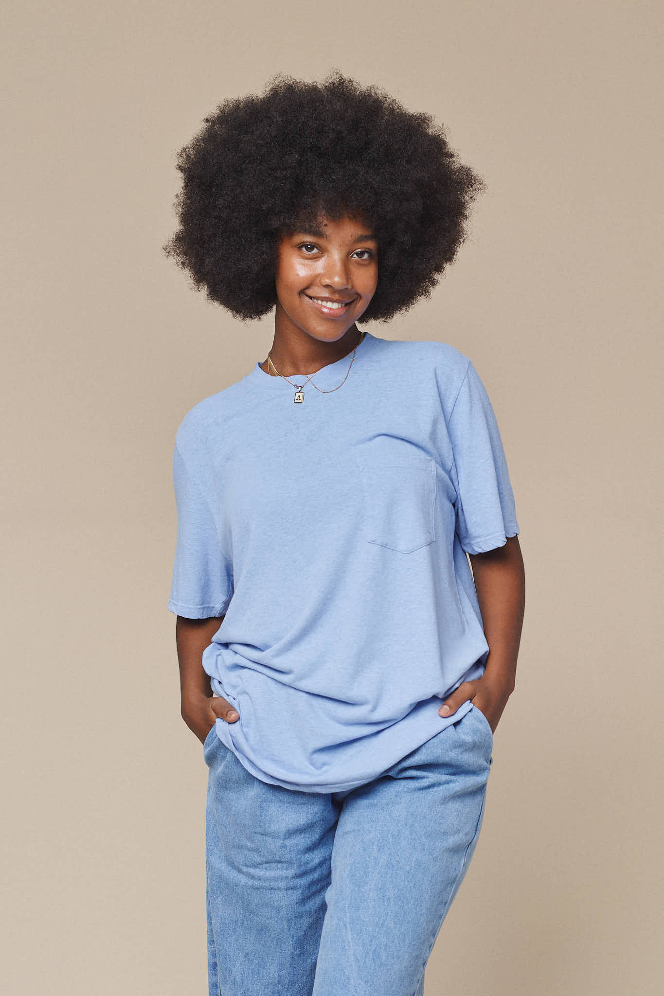 Jung Pocket Tee | Jungmaven Hemp Clothing & Accessories / model_desc: Abeba is 5’7” wearing L, in seasonal color Coastal Blue