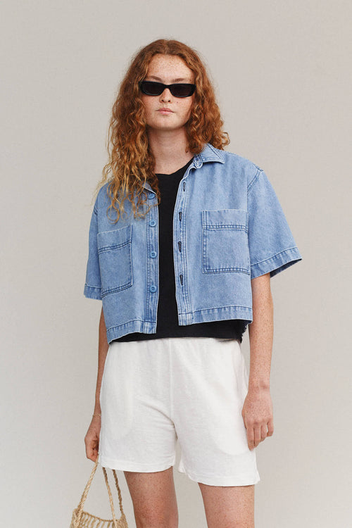 Denim Phinney Shirt | Jungmaven Hemp Clothing & Accessories / model_desc: Sydney is 5’8” wearing Small