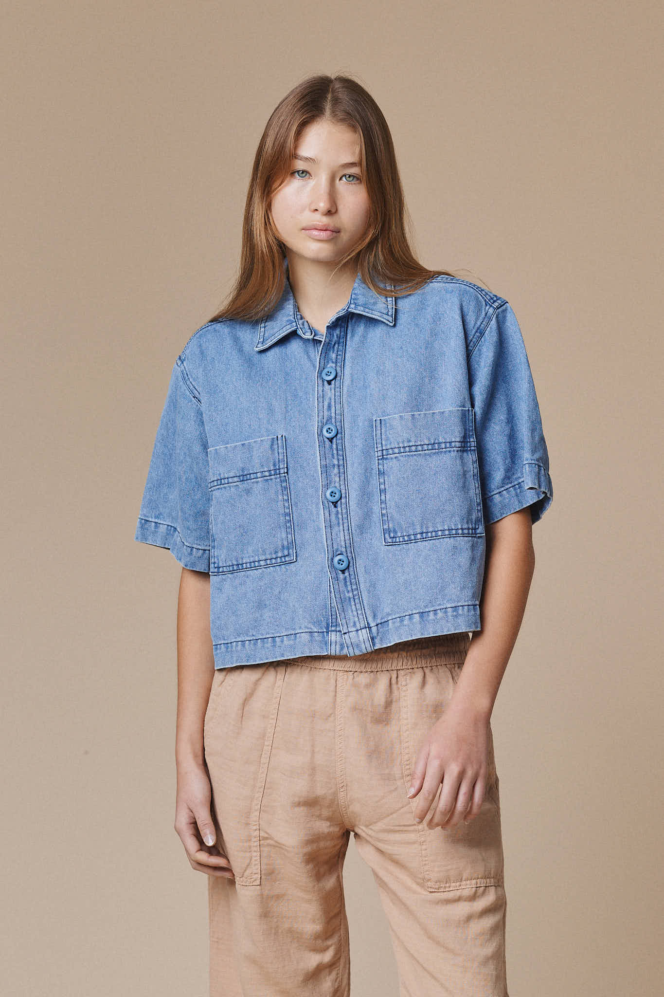 Denim Phinney Shirt | Jungmaven Hemp Clothing & Accessories / model_desc: Katrel is 5’9” wearing Small