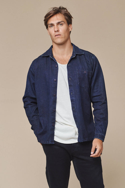 Denim Topanga Shirt | Jungmaven Hemp Clothing & Accessories / model_desc: Travis is 6’1” wearing Large